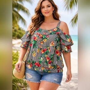 Zenobia Tropical Floral Cold Shoulder Top Black White Stripe Ruffle Blouse